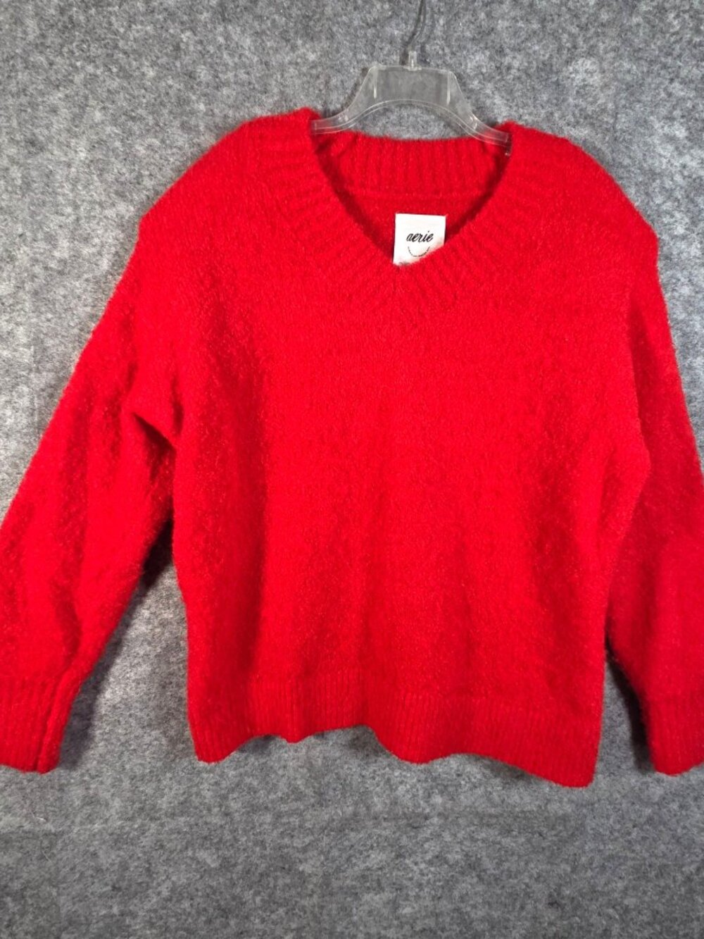 Aerie Red Sweater Y2K Size L Oversized V Neck Fuzzy Cozy Knit Pullover